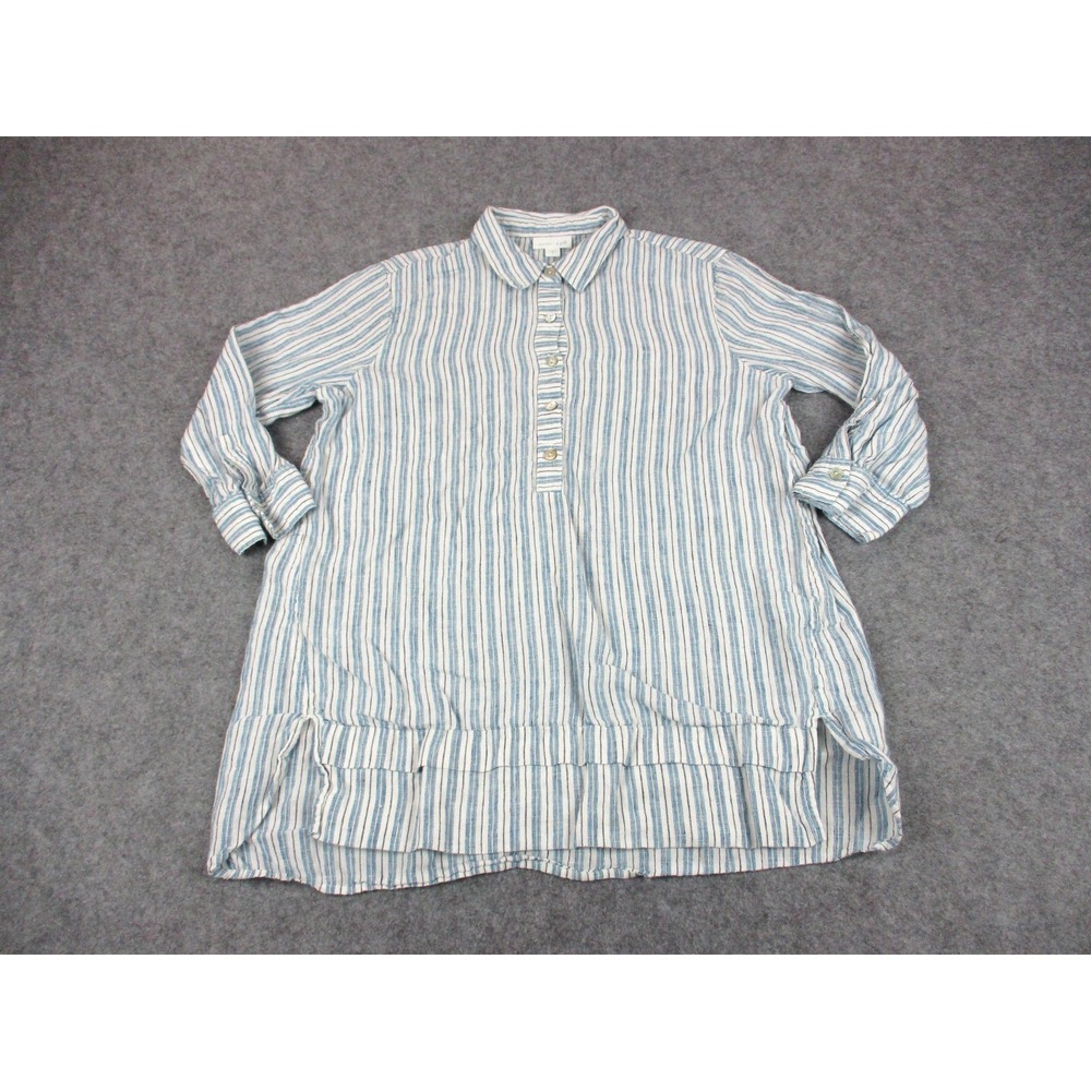 J Jill Shirt Womens Small White Blue Striped Linen Tunic 3/4 Sleeve Pop Over